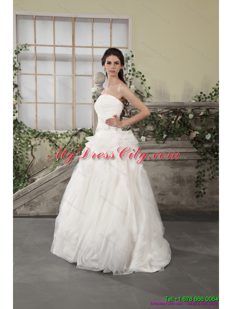 2015 Unique Ruffled Strapless White Wedding Dresses with Brush Train