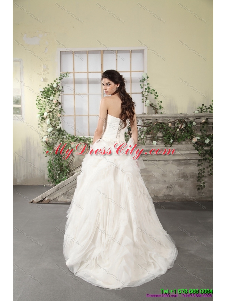 2015 Unique Ruffled Strapless White Wedding Dresses with Brush Train