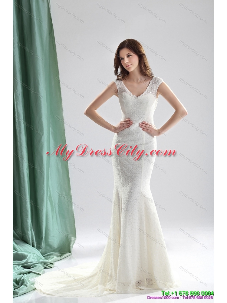 2015 Unique White Wedding Dresses with Lace and Brush Train