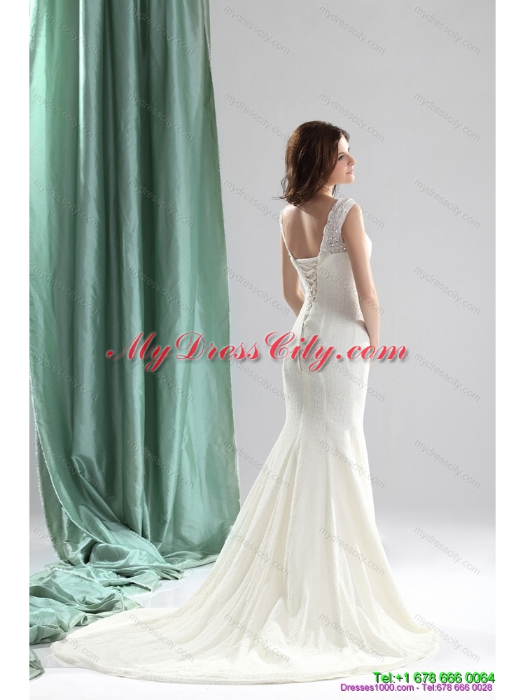 2015 Unique White Wedding Dresses with Lace and Brush Train