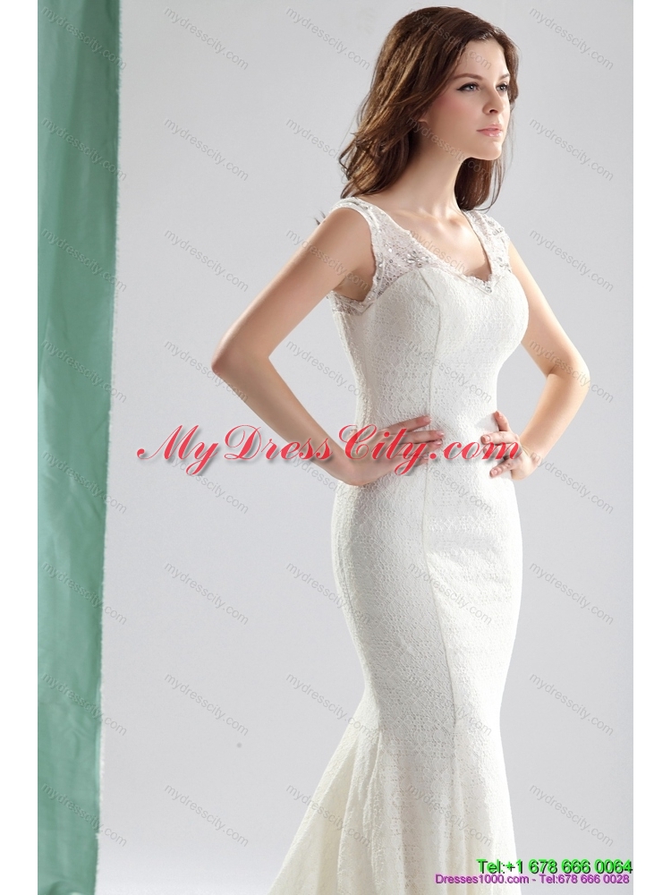 2015 Unique White Wedding Dresses with Lace and Brush Train