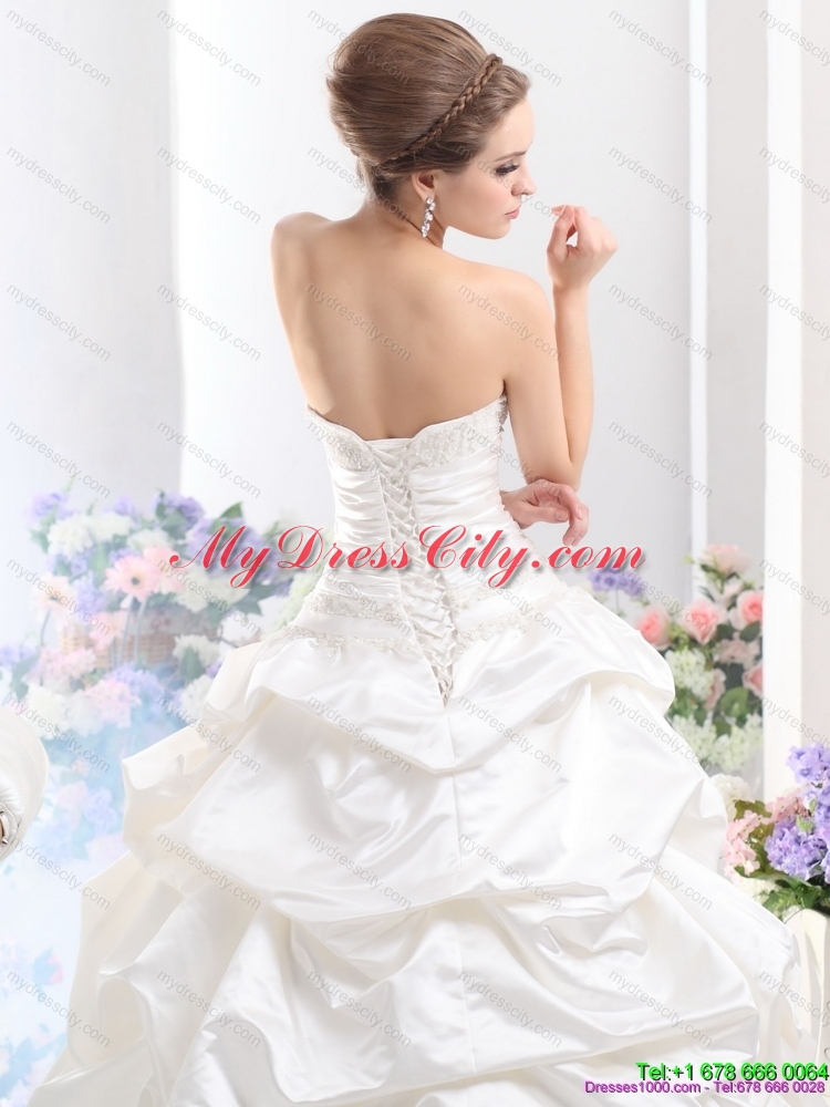 2015 White Brush Train Bridal Dresses with Pick Ups and Sequins