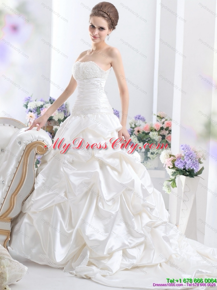 2015 White Brush Train Bridal Dresses with Pick Ups and Sequins