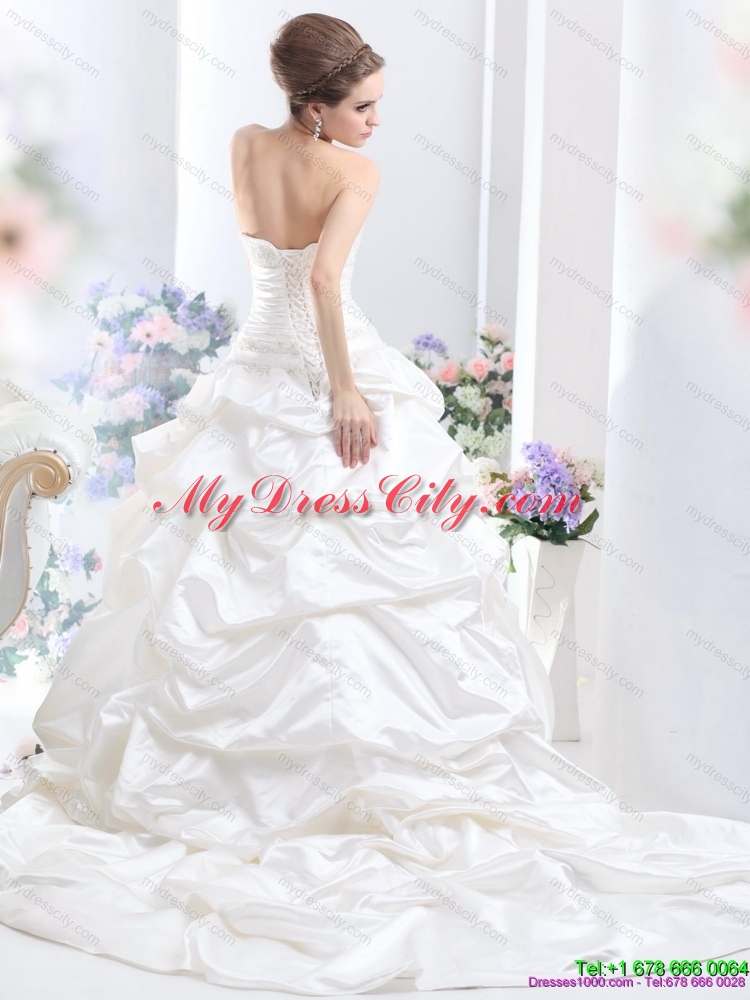 2015 White Brush Train Bridal Dresses with Pick Ups and Sequins