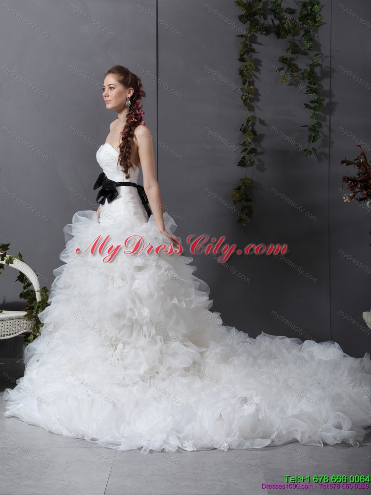 2015 White Chapel Train Ruffled Wedding Dresses with Black Waistband