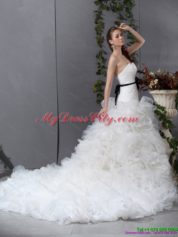 2015 White Chapel Train Ruffled Wedding Dresses with Black Waistband