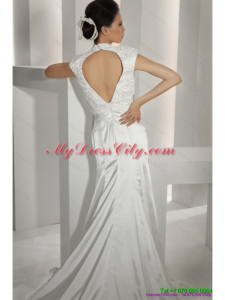 2015 White High Neck Wedding Dresses with Cathedral Train and Beading