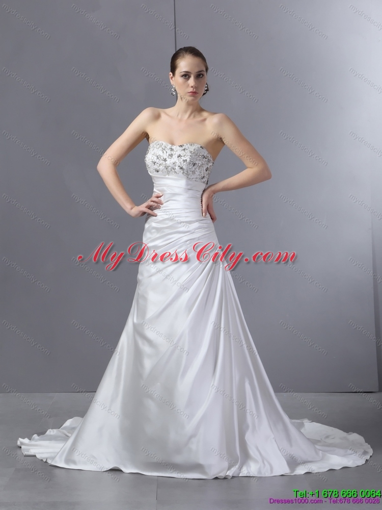 2015  White Pleated Sequined Wedding Dresses with Court Train