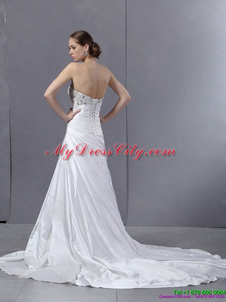 2015  White Pleated Sequined Wedding Dresses with Court Train