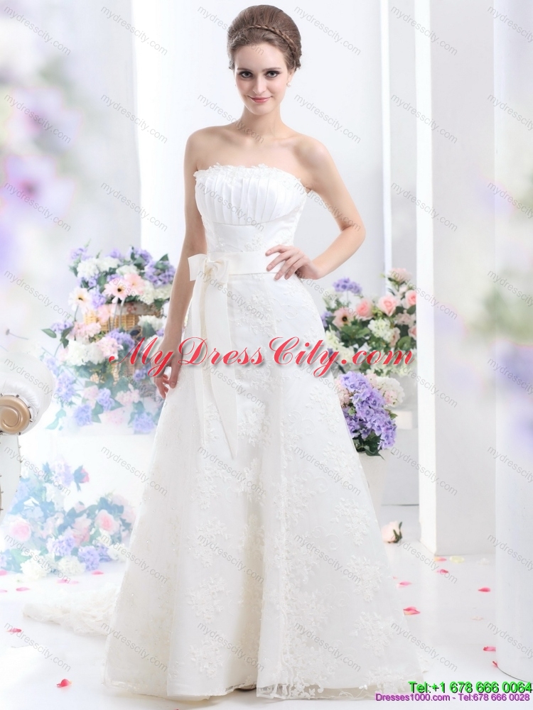 2015 White Strapless Laced Wedding Dresses with Bownot and Brush Train