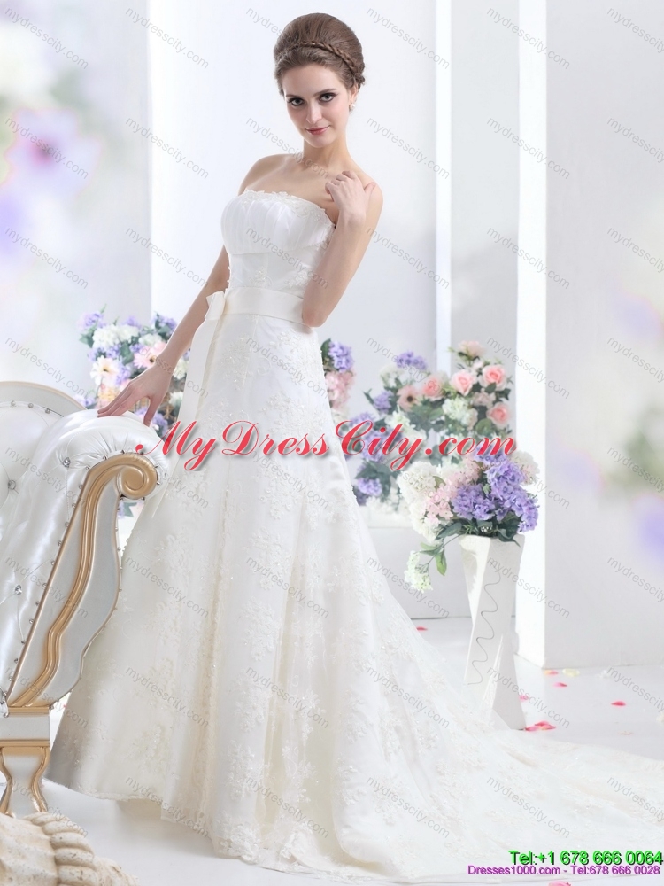 2015 White Strapless Laced Wedding Dresses with Bownot and Brush Train