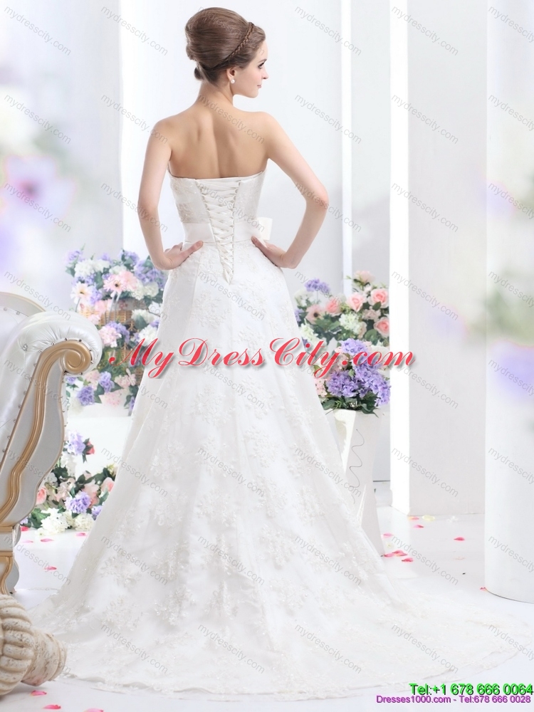 2015 White Strapless Laced Wedding Dresses with Bownot and Brush Train