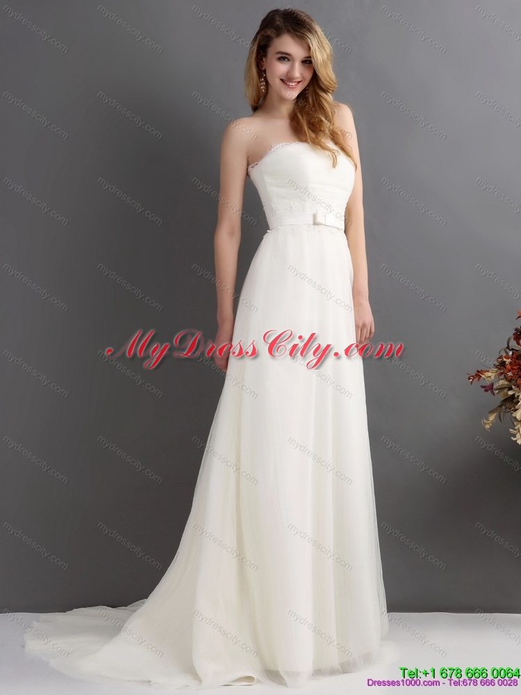 2015 White Strapless Wedding Dresses with Brush Train and Sash