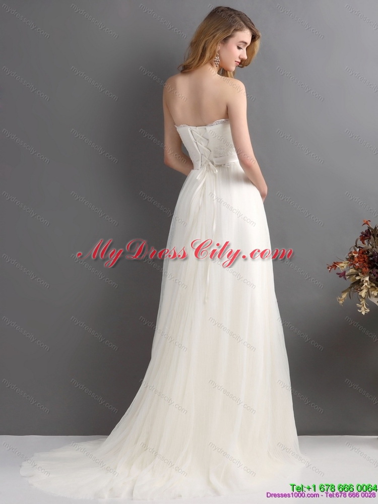 2015 White Strapless Wedding Dresses with Brush Train and Sash