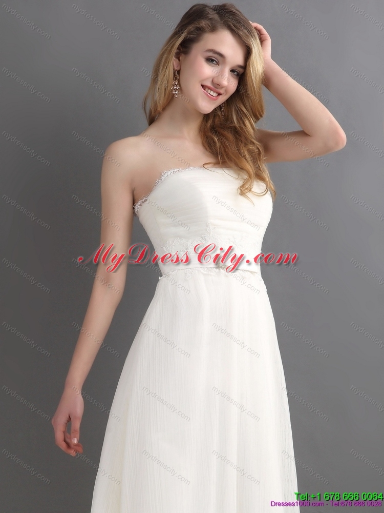 2015 White Strapless Wedding Dresses with Brush Train and Sash