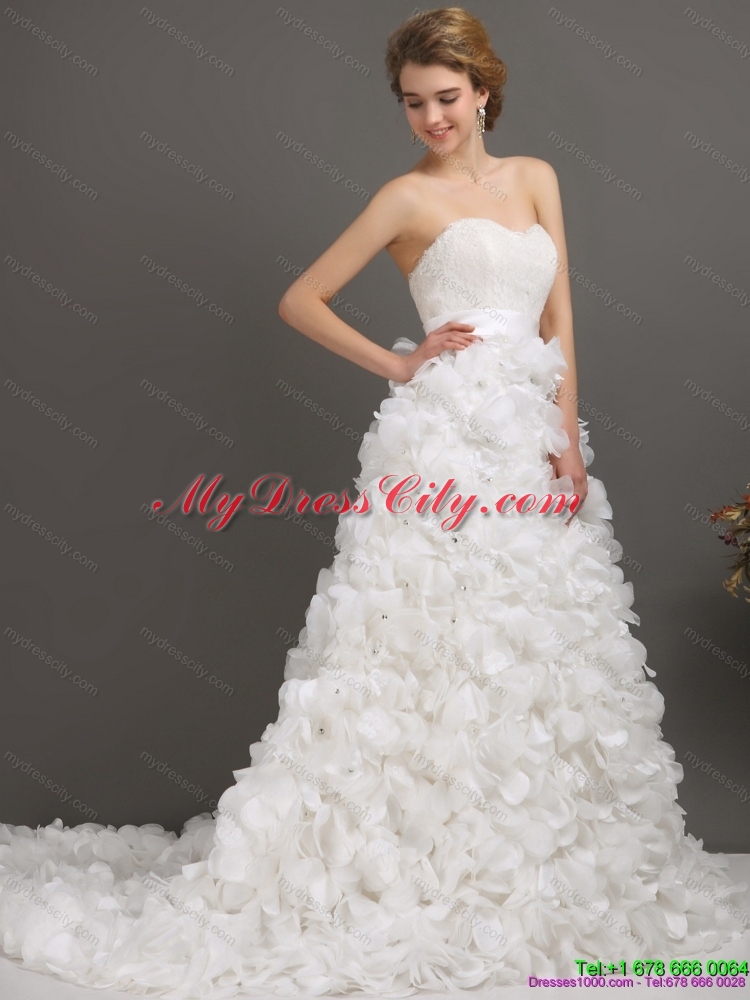 2015 White Sweep Train Ruffled Wedding Dresses with Beading