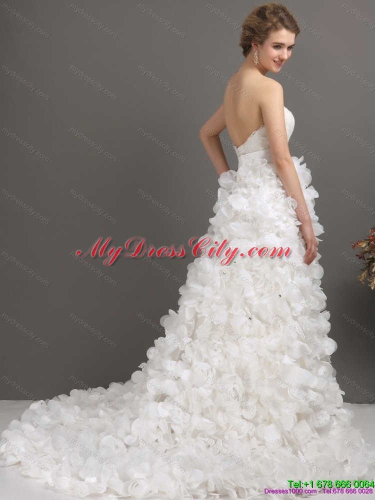 2015 White Sweep Train Ruffled Wedding Dresses with Beading