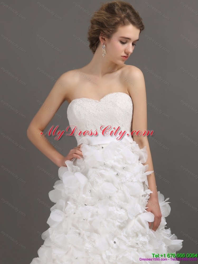 2015 White Sweep Train Ruffled Wedding Dresses with Beading