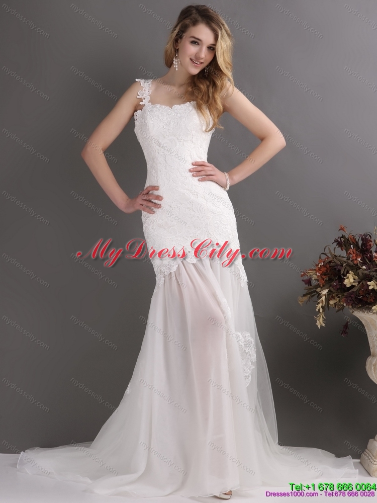 Laced White One Shoulder Wedding Gowns with Chapel Train