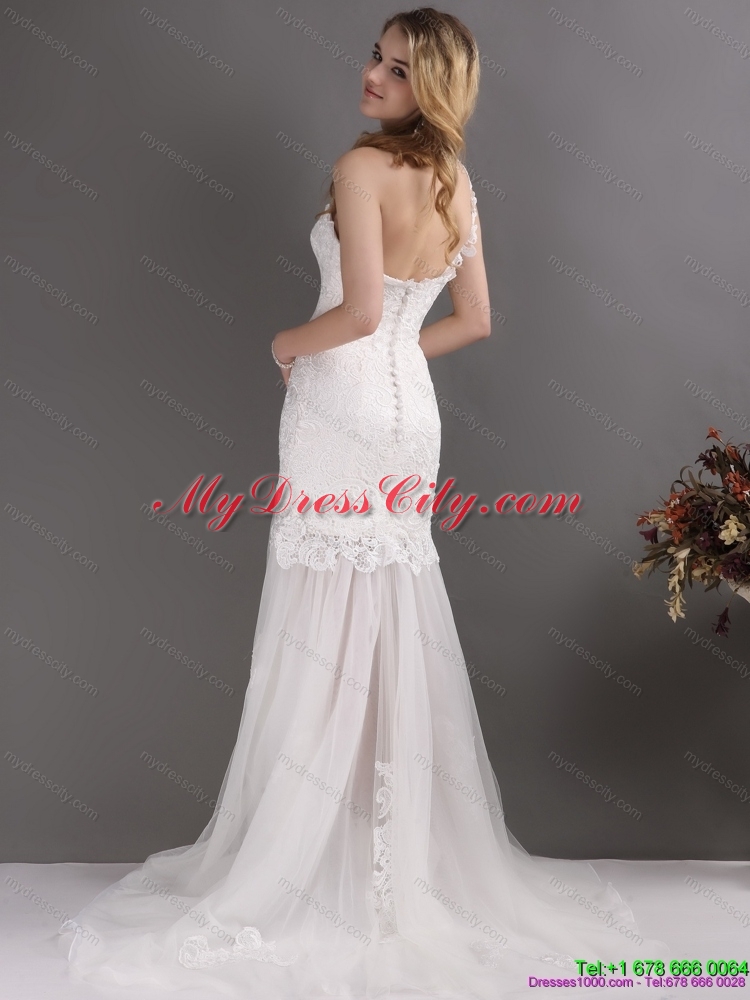 Laced White One Shoulder Wedding Gowns with Chapel Train