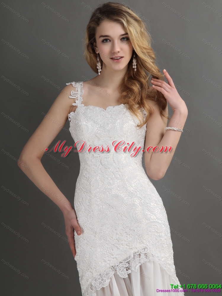 Laced White One Shoulder Wedding Gowns with Chapel Train