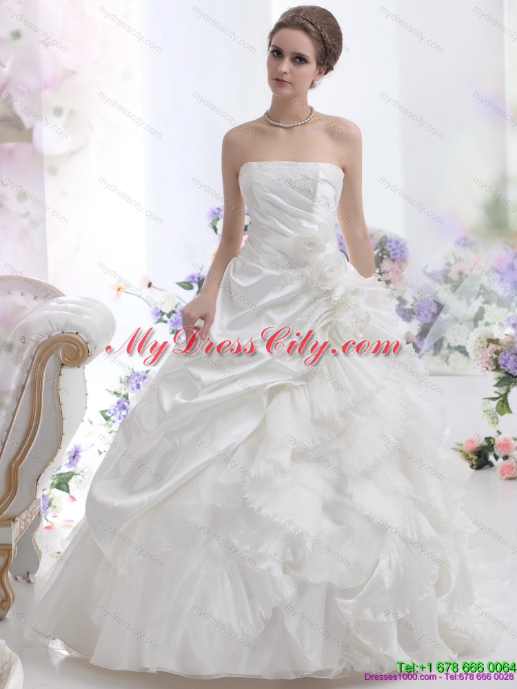 Maternity Strapless Ruffles Bridal Gowns with Chapel Train and Hand Made Flower