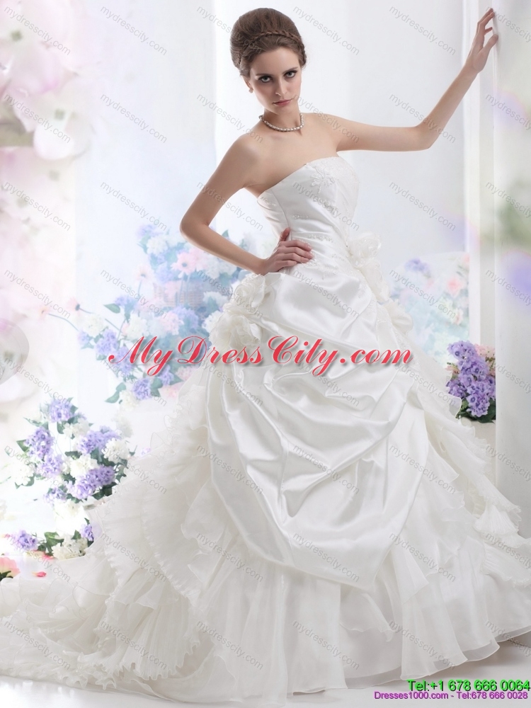 Maternity Strapless Ruffles Bridal Gowns with Chapel Train and Hand Made Flower