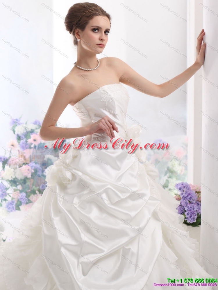 Maternity Strapless Ruffles Bridal Gowns with Chapel Train and Hand Made Flower