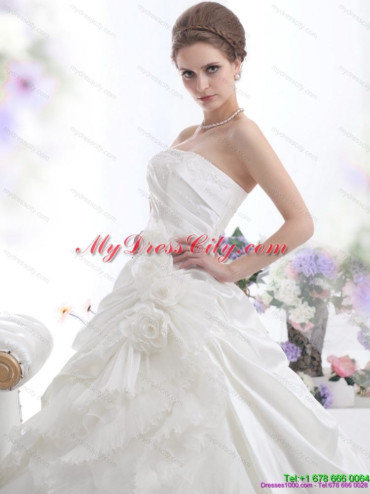 Maternity Strapless Ruffles Bridal Gowns with Chapel Train and Hand Made Flower