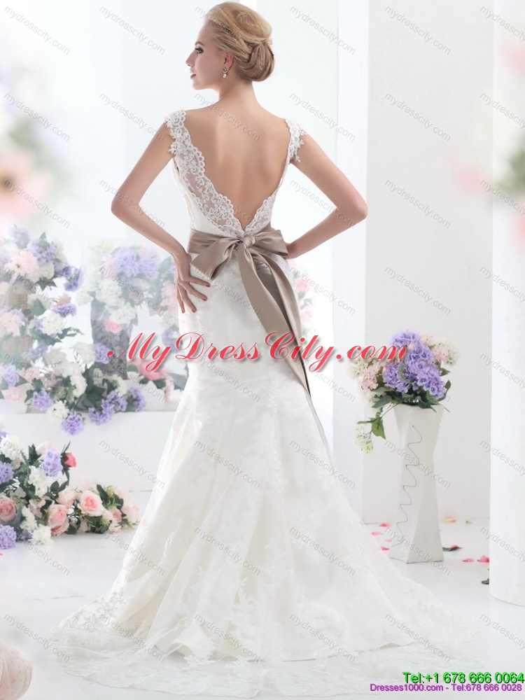 Perfect White Backless Wedding Dresses with Sash and Lace