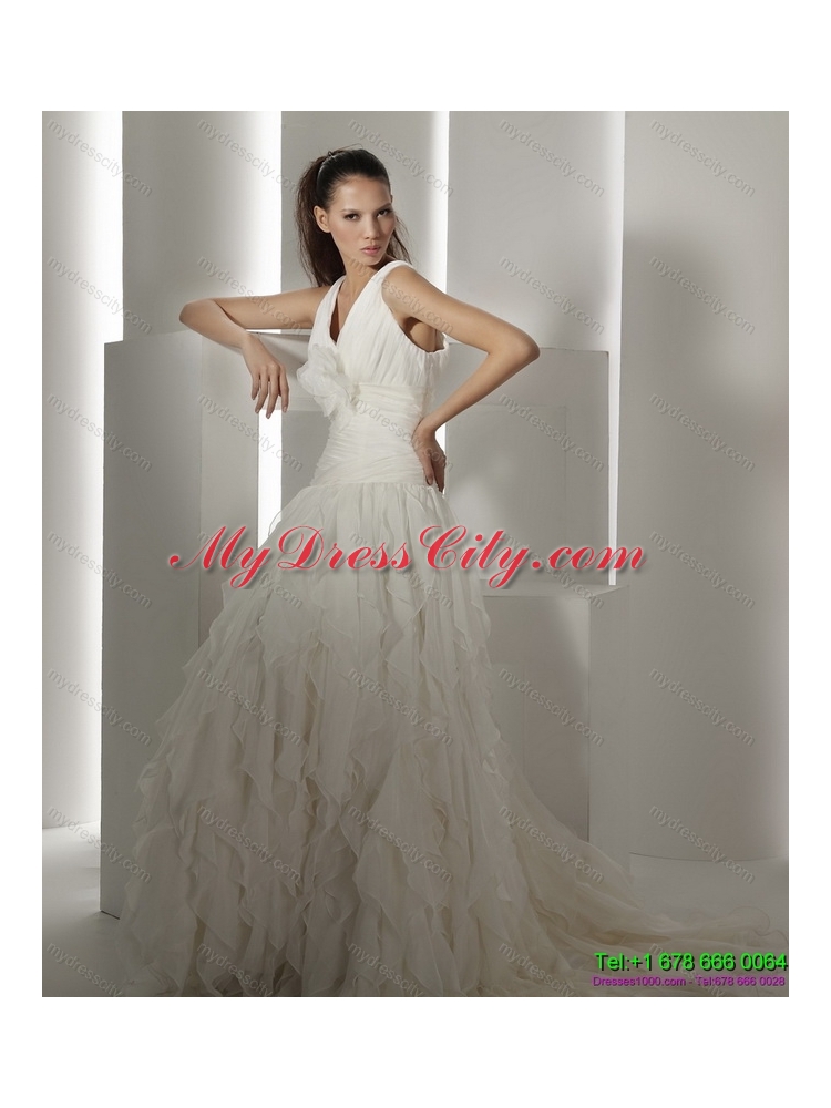 Ruffled Brush Train Maternity Wedding Dresses with Hand Made Flower