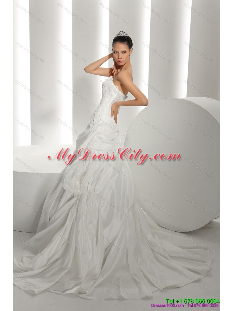 Unique White Brush Train Strapless 2015 Bridal Dresses with Ruffles