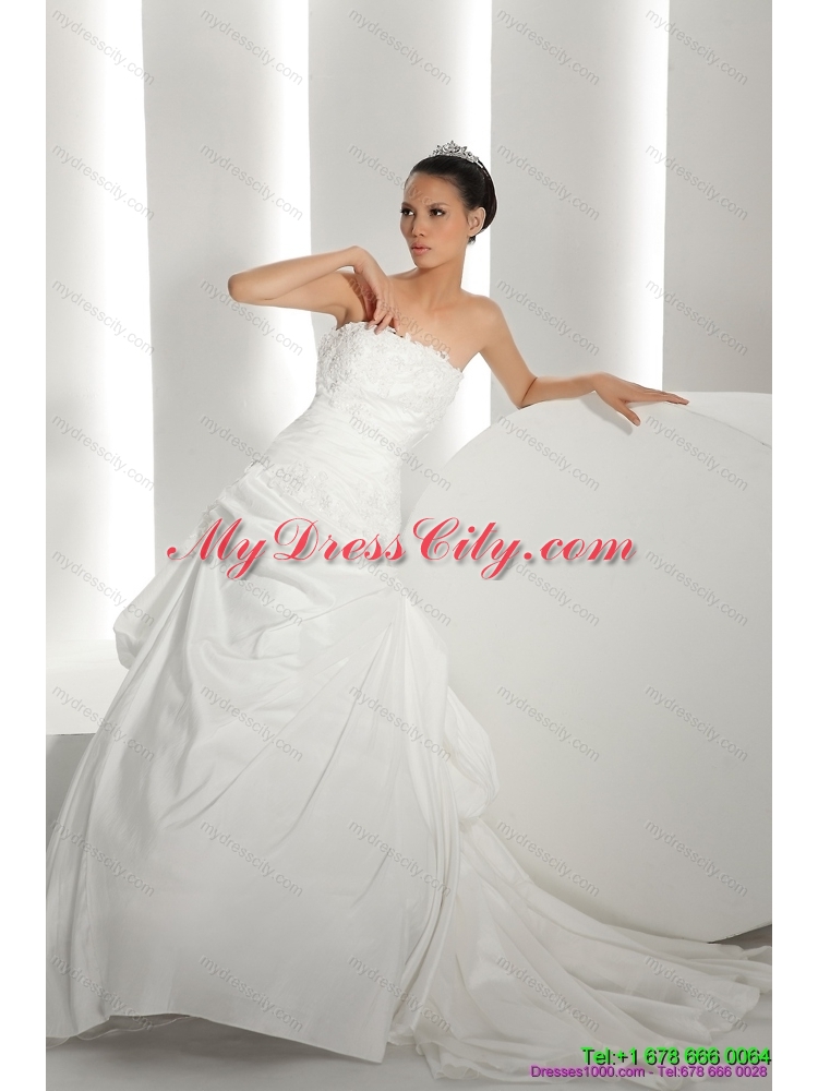 Unique White Brush Train Strapless 2015 Bridal Dresses with Ruffles