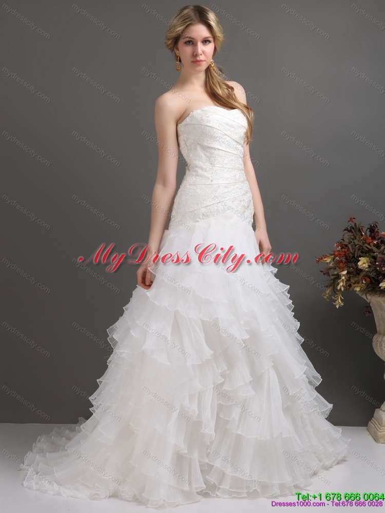 White Strapless Pleated Wedding Dresses with Ruffled Layers