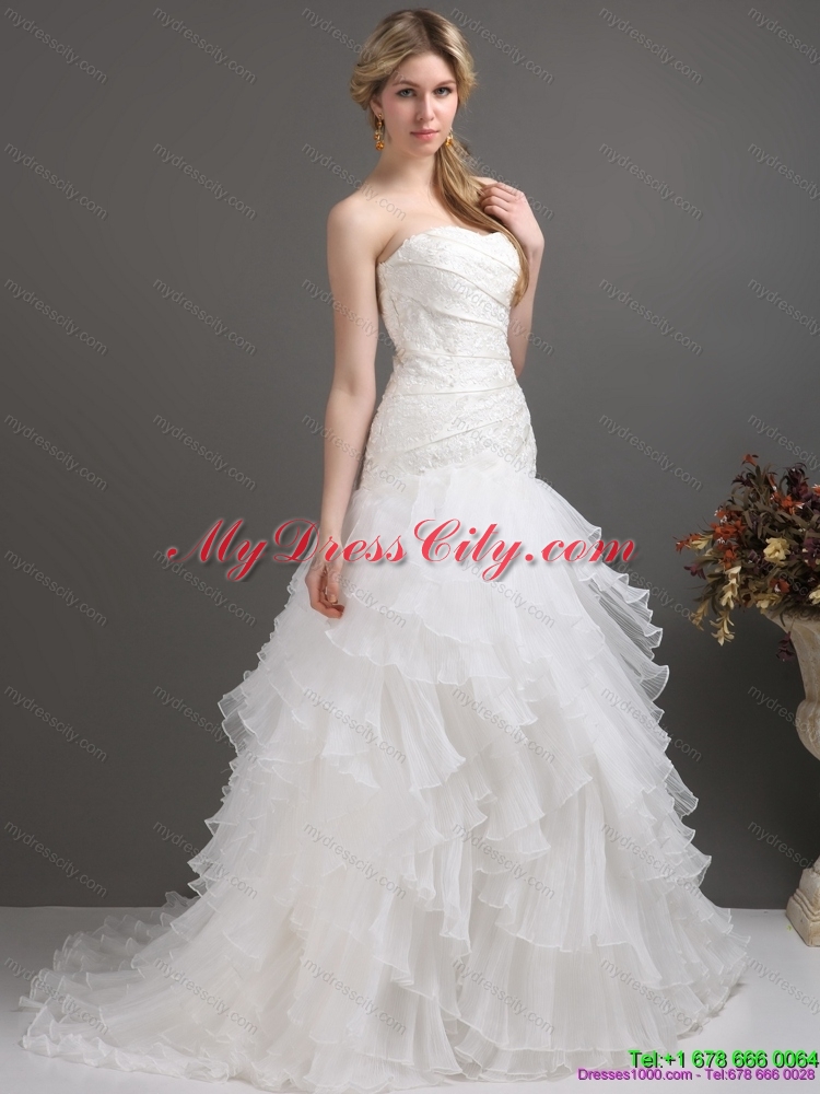 White Strapless Pleated Wedding Dresses with Ruffled Layers