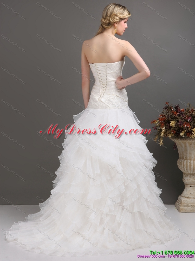 White Strapless Pleated Wedding Dresses with Ruffled Layers