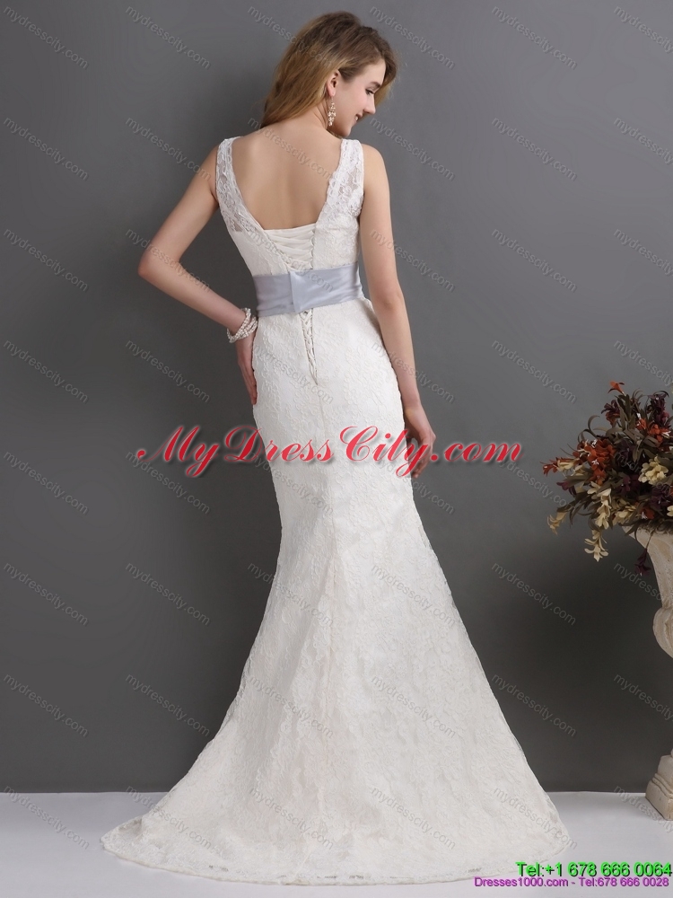 2015 Classical V Neck Lace and Sash Wedding Dress