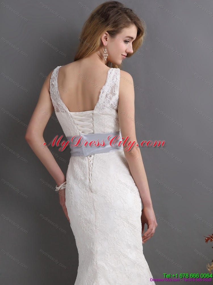 2015 Classical V Neck Lace and Sash Wedding Dress