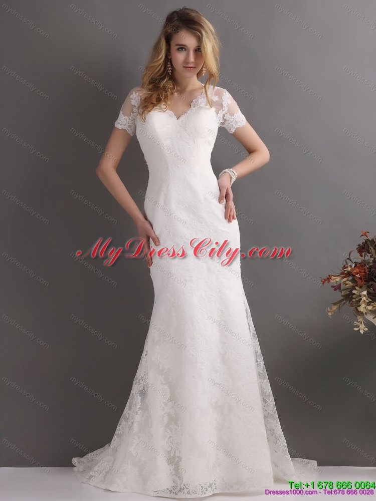 2015 Classical V Neck Lace Wedding Dress with Short Sleeves