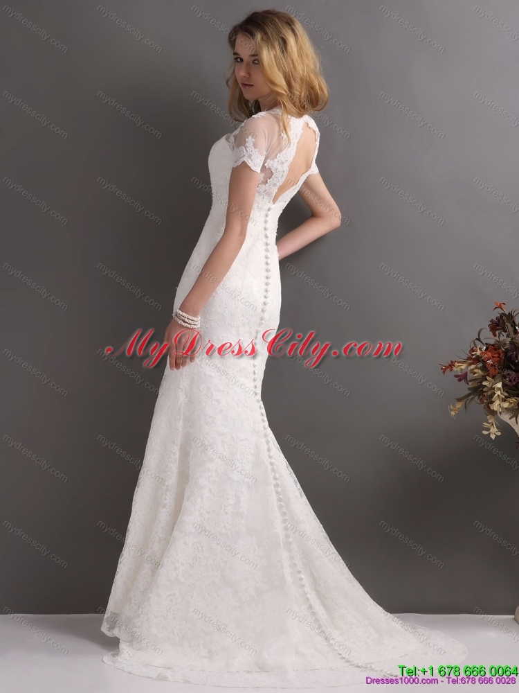 2015 Classical V Neck Lace Wedding Dress with Short Sleeves