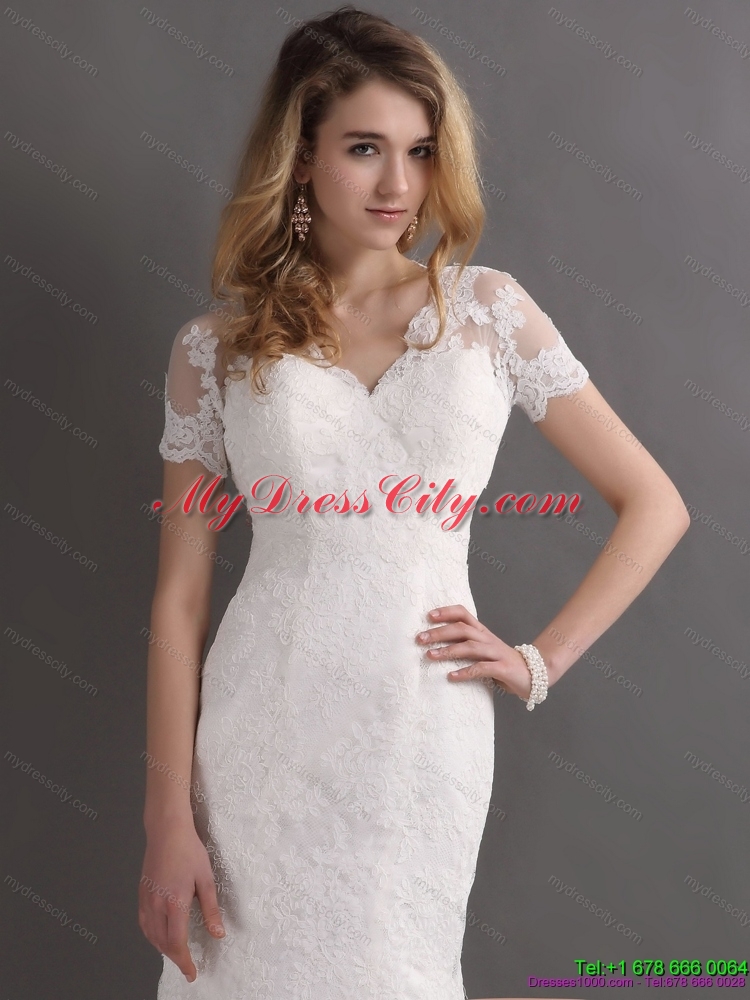 2015 Classical V Neck Lace Wedding Dress with Short Sleeves