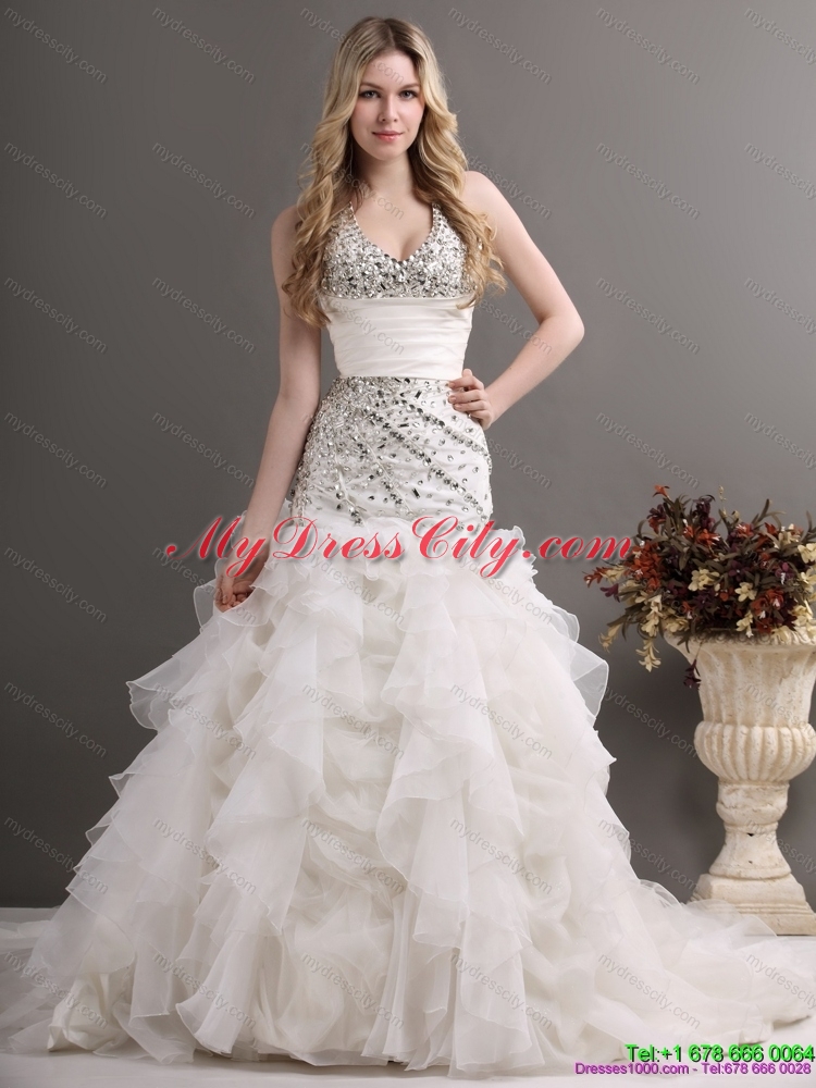 2015 Exquisite Halter Top Wedding Dress with Beading and Ruffles