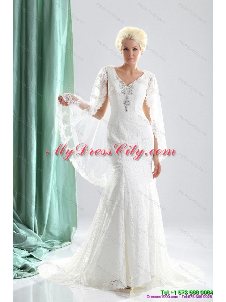 2015 Luxurious V Neck Wedding Dress with Lace and Appliques