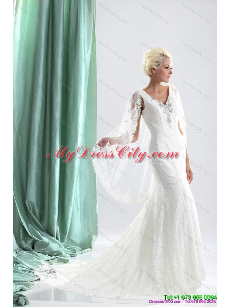 2015 Luxurious V Neck Wedding Dress with Lace and Appliques