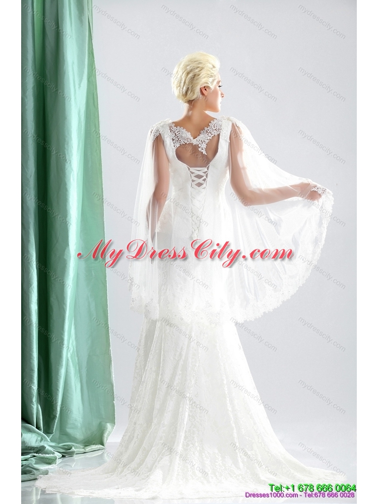 2015 Luxurious V Neck Wedding Dress with Lace and Appliques