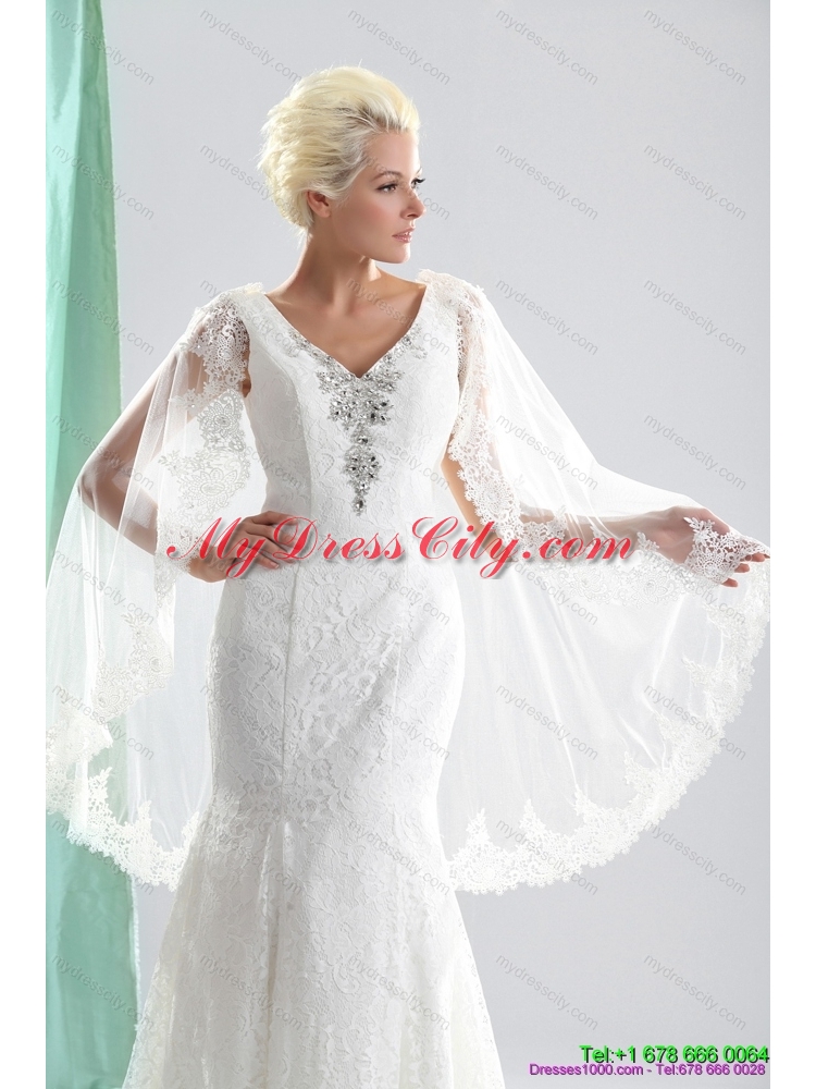 2015 Luxurious V Neck Wedding Dress with Lace and Appliques