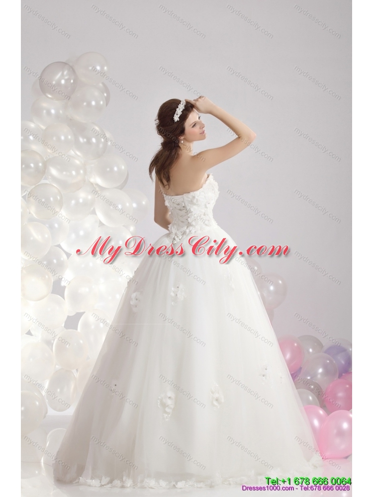 2015 Perfect White Strapless Bridal Dresses with Beading and Hand Made Flowers