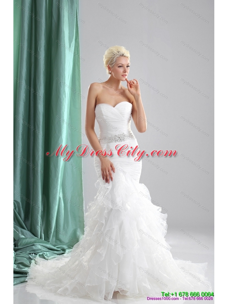 2015 Popular Ruffles White Sweetheart Wedding Dresses with Sequins