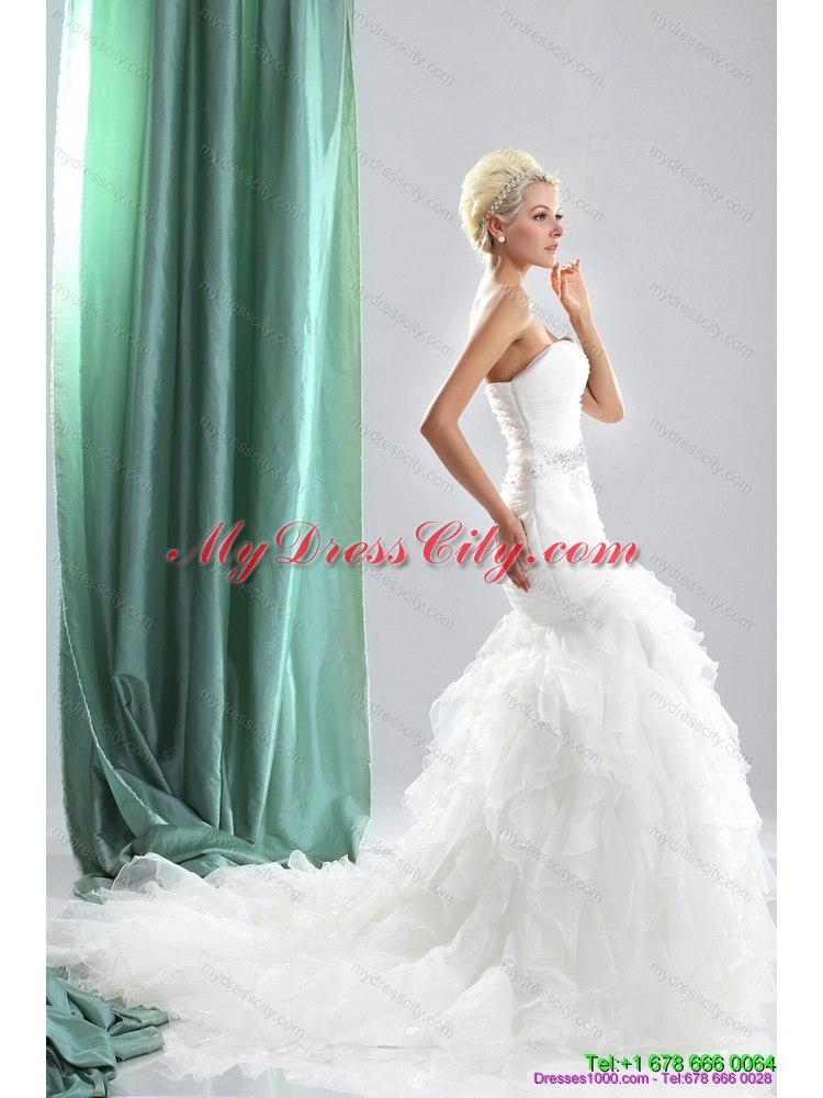 2015 Popular Ruffles White Sweetheart Wedding Dresses with Sequins