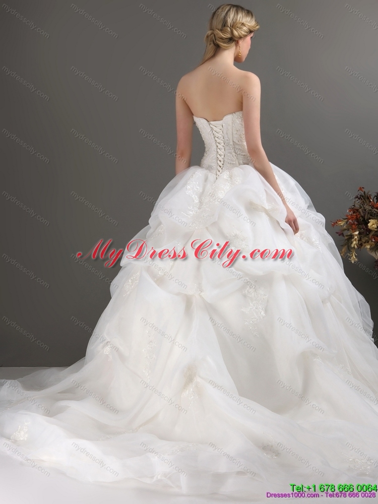 2015 Popular Strapless Lace Wedding Dress with Brush Train